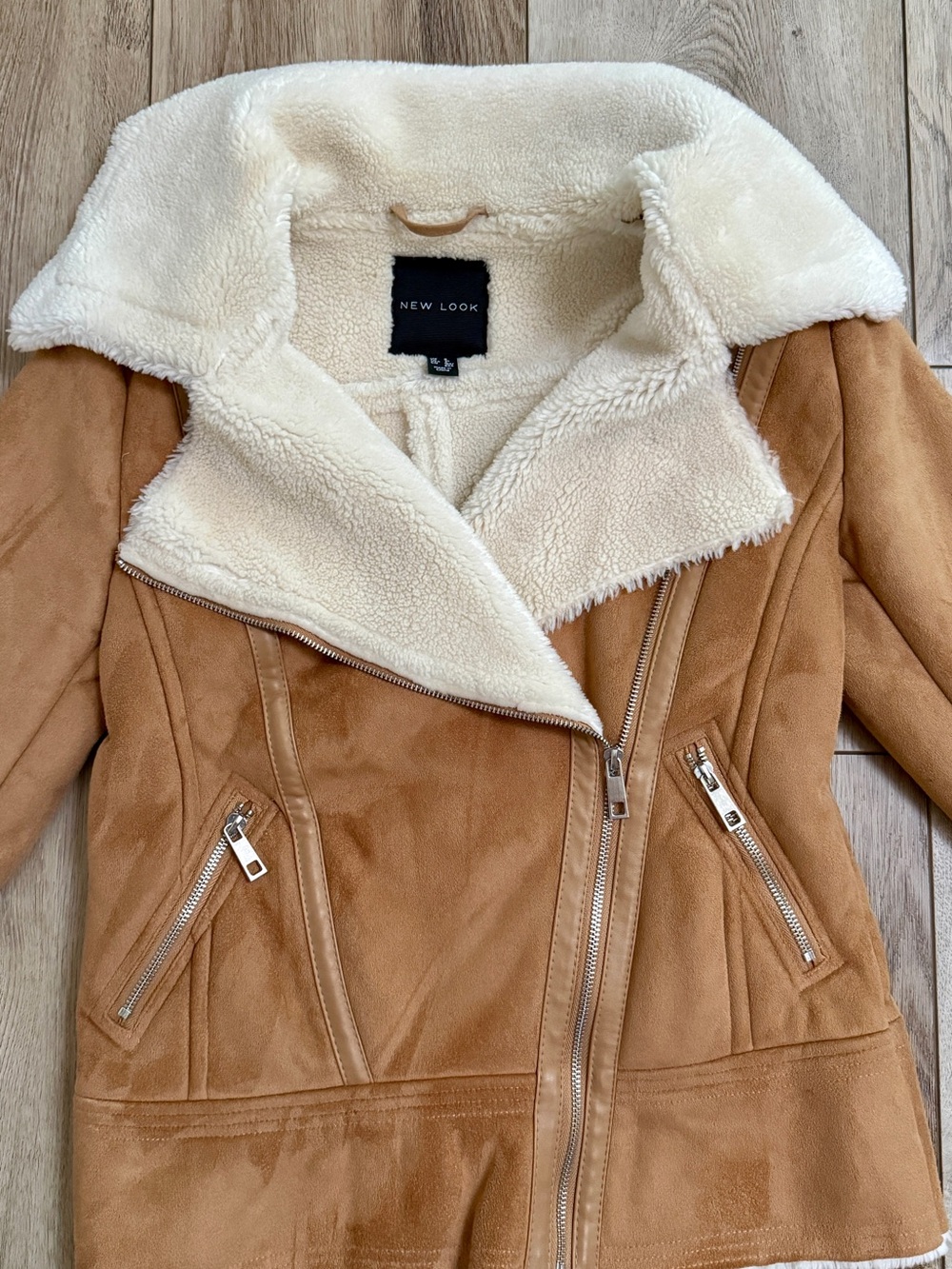 New look Women's Tan Faux Suede Biker Jacket Faux Shearling Lined US 4 UK 8